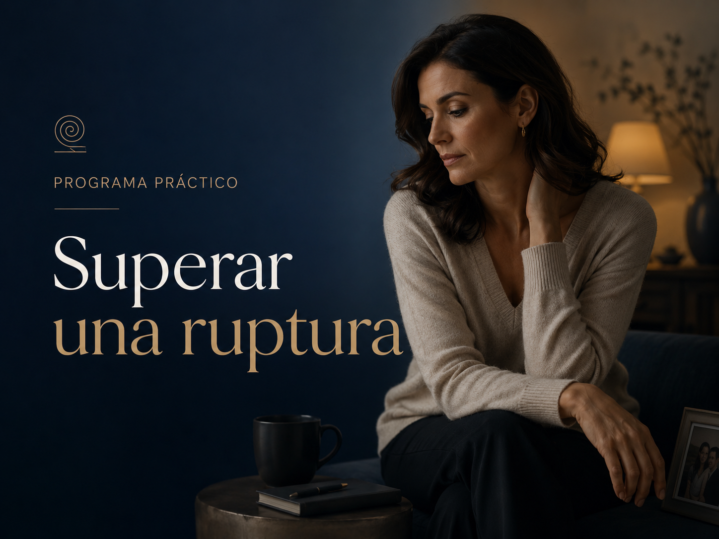 Portada del programa Superar una ruptura, con una mujer sentada en un sillón junto a un cuaderno y una taza.
