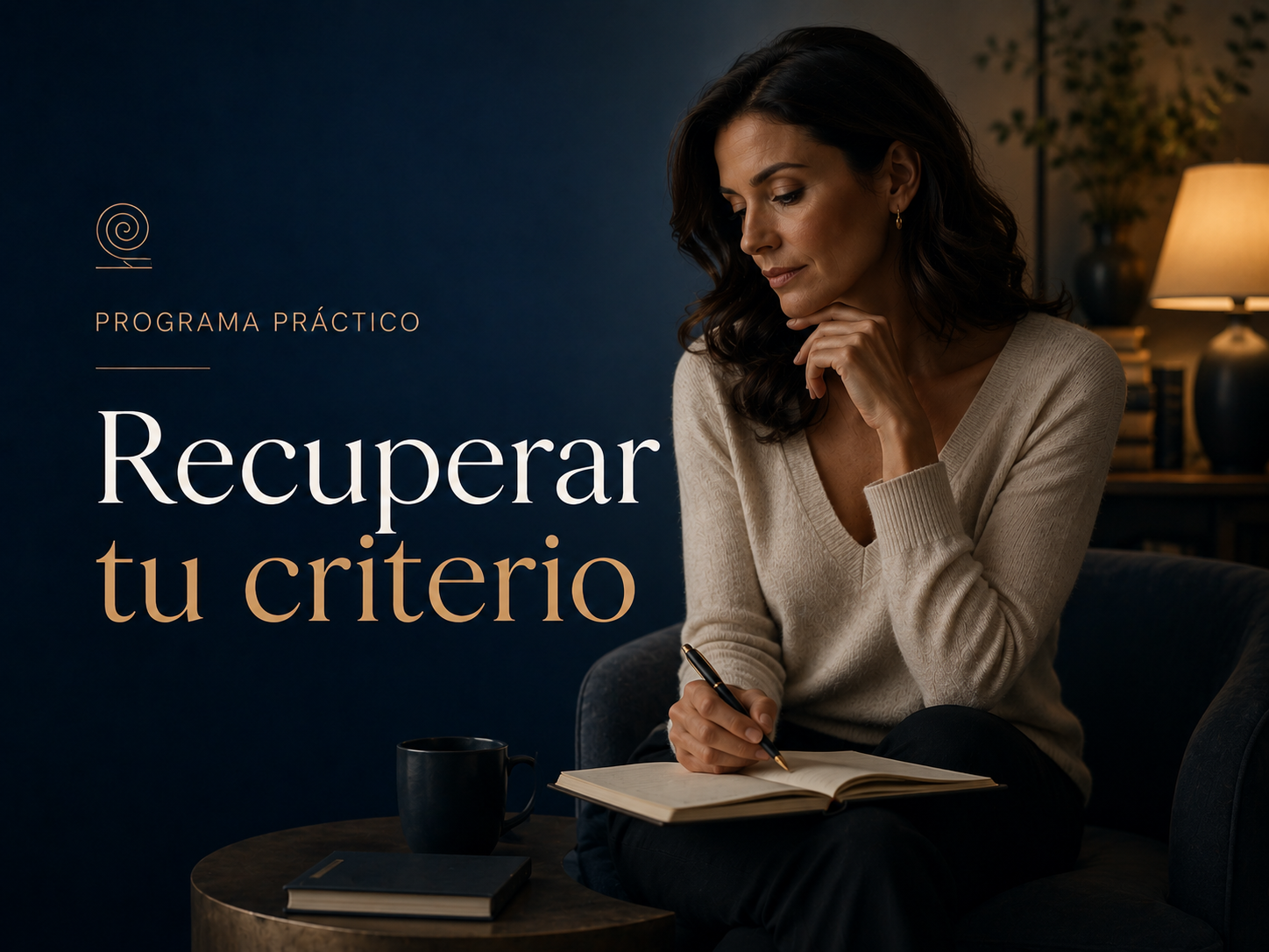 Portada del programa práctico Recuperar tu criterio, con una mujer escribiendo en un cuaderno en un sillón.