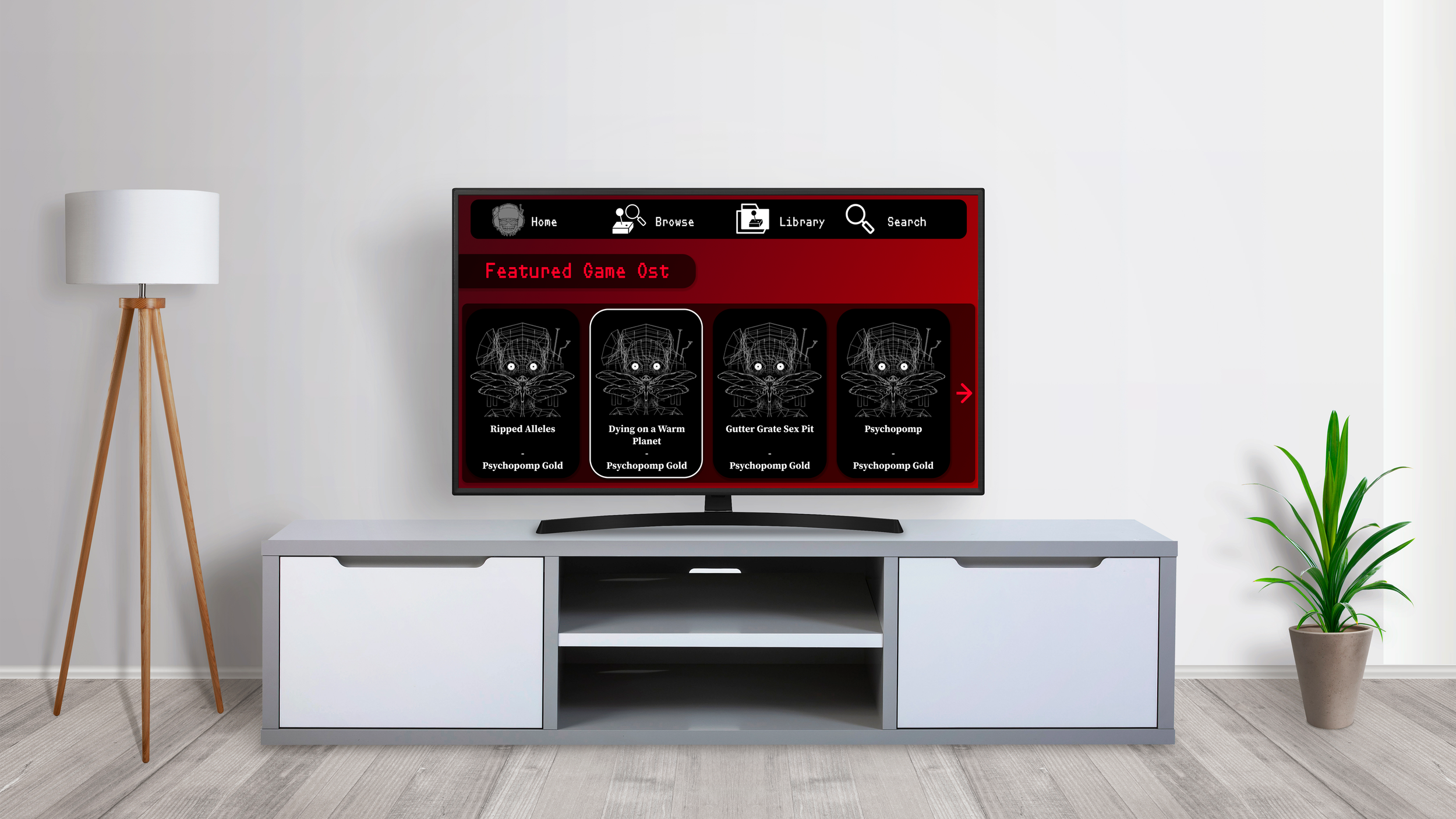 Living room with a TV on a white entertainment center displaying a game store interface, a wooden floor lamp on the left, and a potted plant on the right.