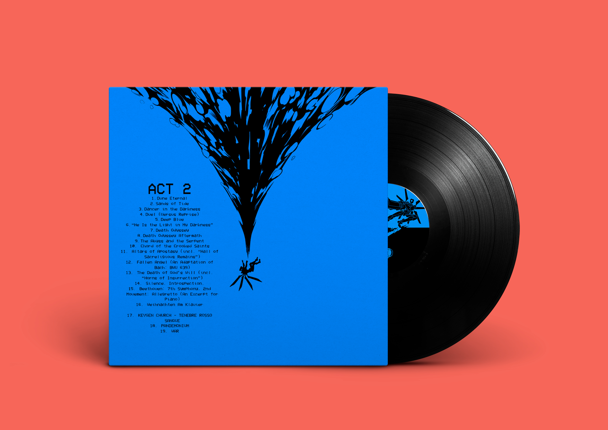 A vinyl record partly pulled out of a blue album cover with a black and blue illustration of a tornado and a small figure at the bottom, on a pink background.