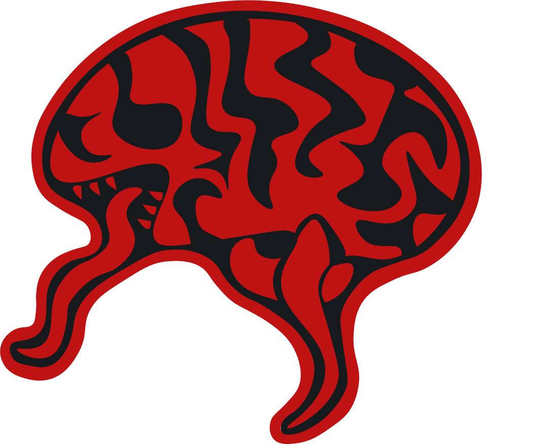 Stylized illustration of a human brain with black and red colors.