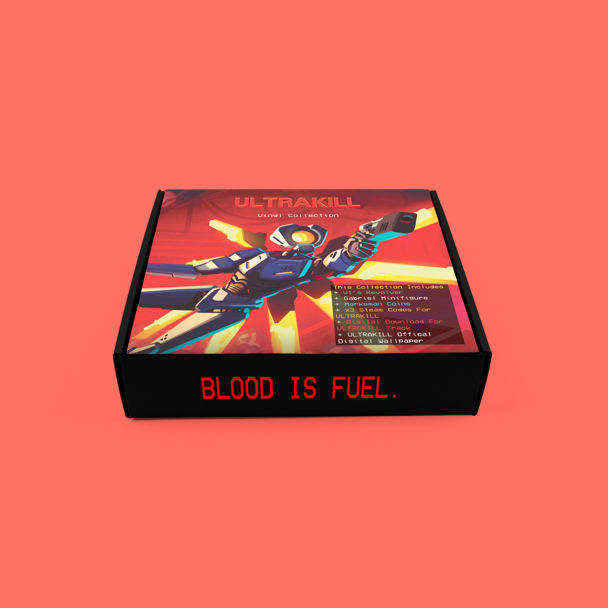 A black box with a digital display on the front reading 'BLOOD IS FUEL.' contains a colorful graphic of a futuristic robot holding a gun and text about a collection of digital items, including a video game and digital art.