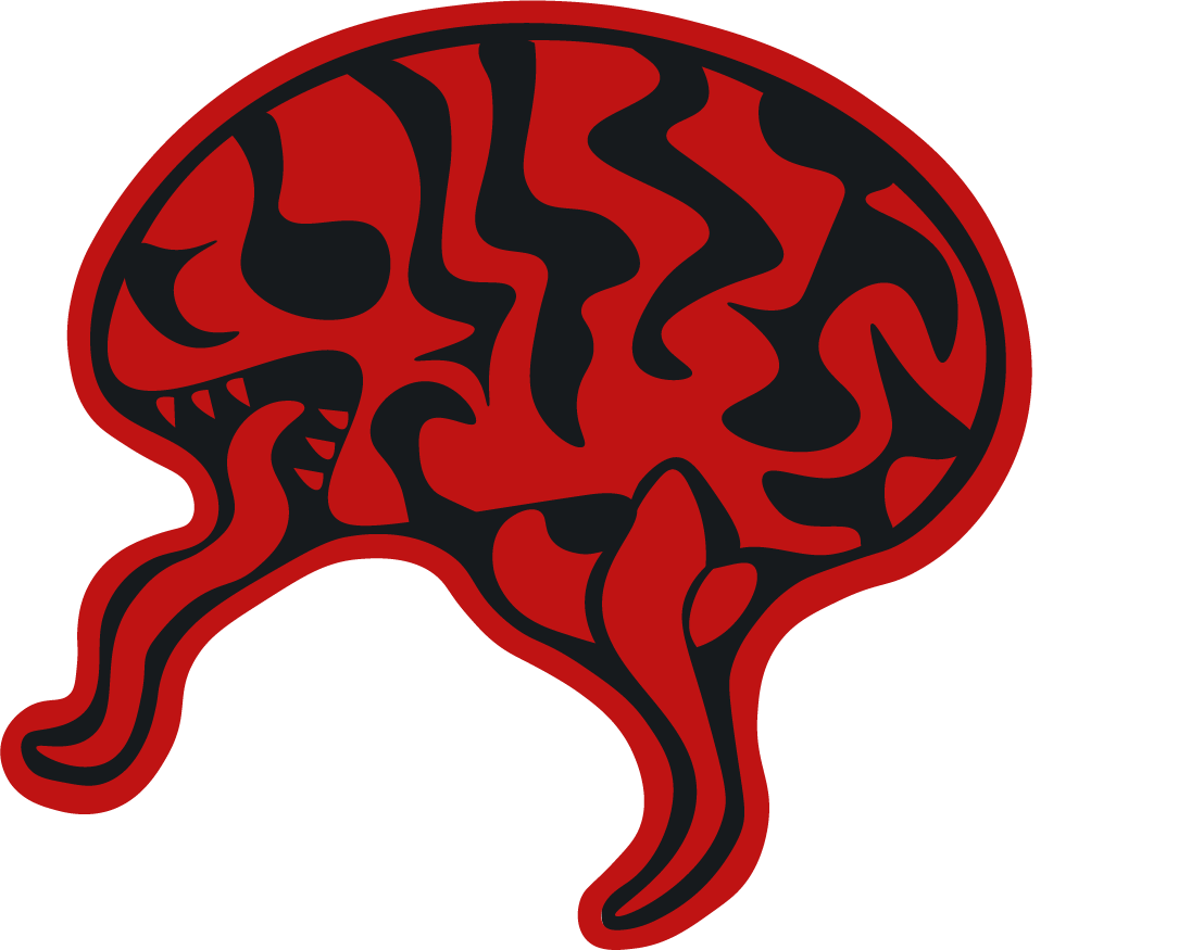 Stylized red and black illustration of a brain with dripping tentacles.