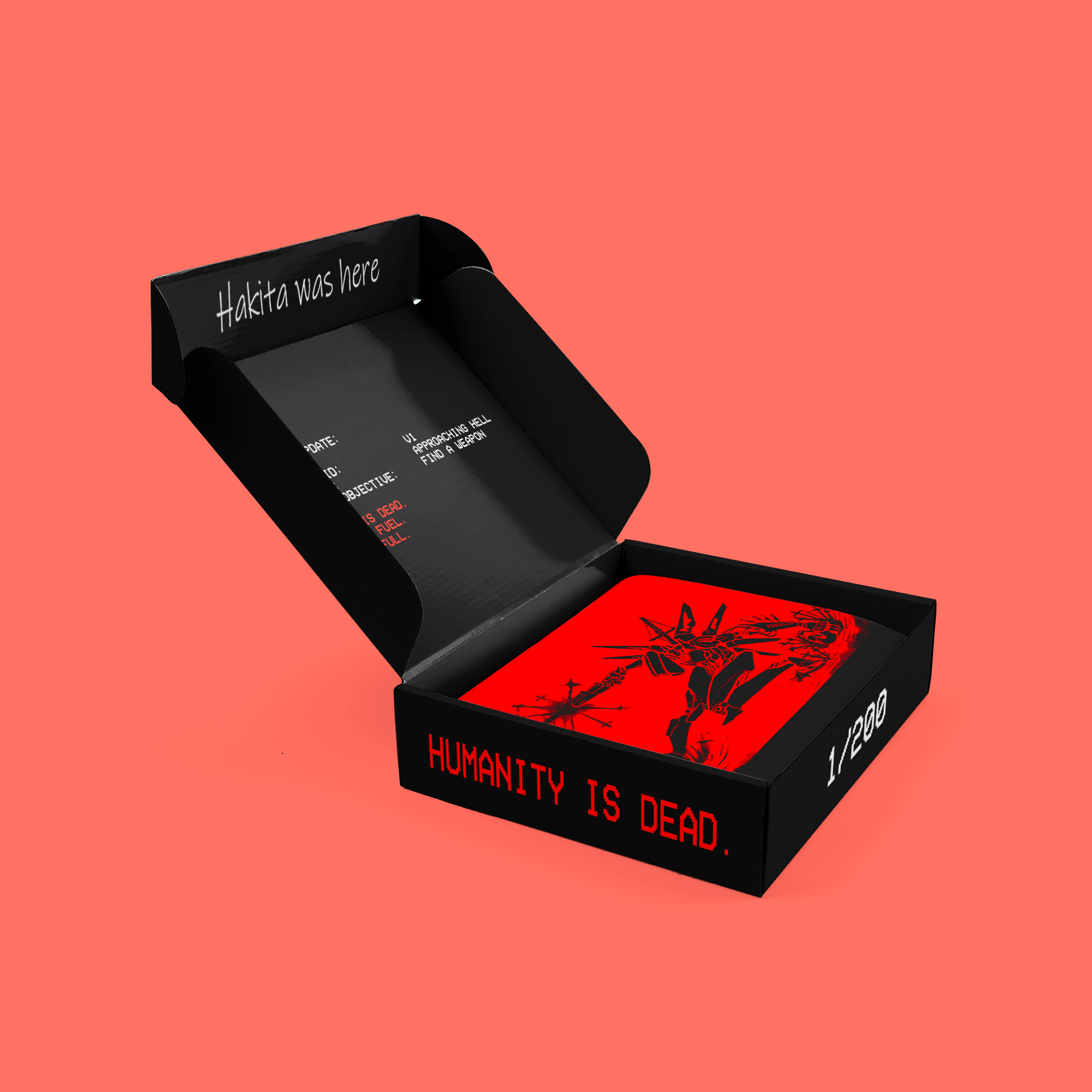 Open black box with red and black graphic of a robot on top, and text inside and outside reading "HUMANITY IS DEAD" and "1,280."