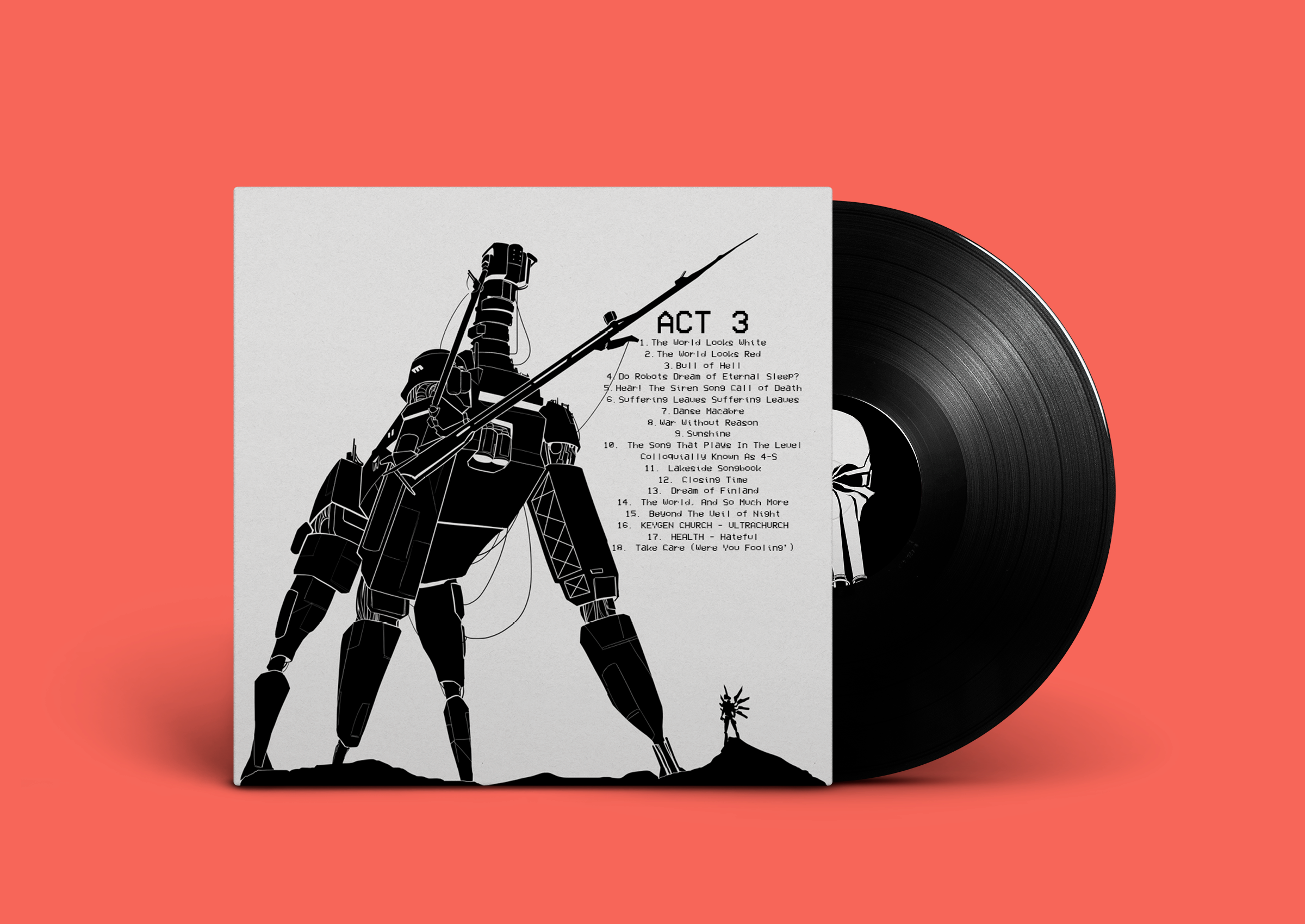 A vinyl record cover with a black and white illustration of a tall, robot-like figure holding a spear, standing on a small hill with a smaller figure in the background. The cover lists song titles under the heading 'ACT 3' and has a minimalistic design on a plain background.