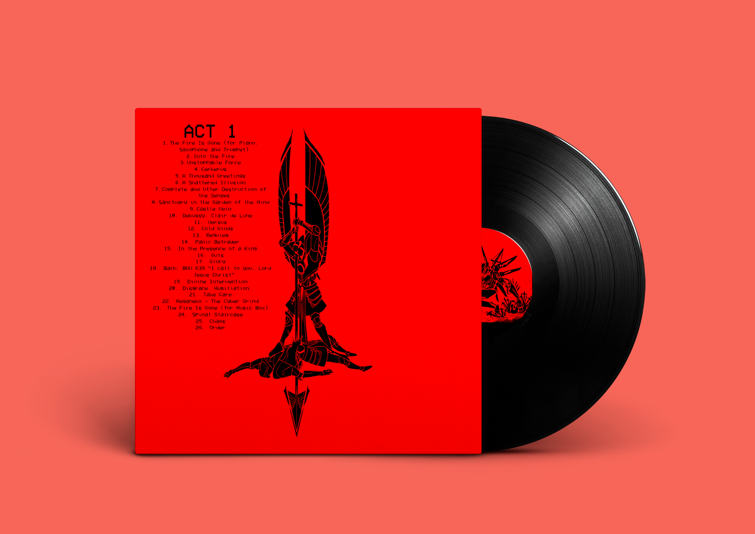 Black vinyl record partially pulled out of a red album cover, which features a black illustration of a knight in armor holding a sword and shield, with a list of song titles on the left side.