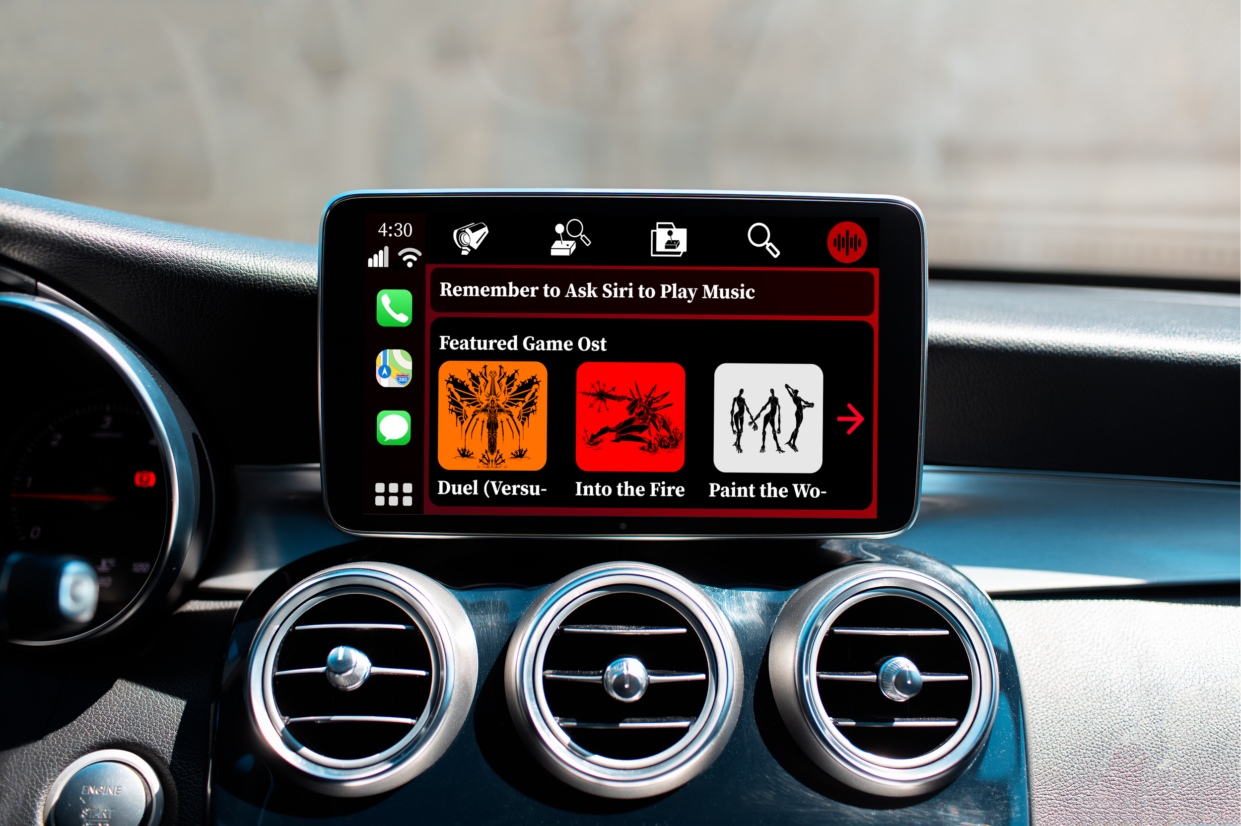 Car dashboard with a digital infotainment screen displaying music options, including featured game soundtracks and Siri voice command reminder.