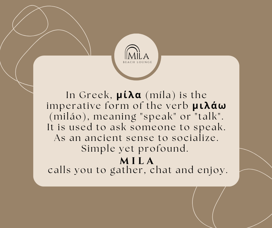 A promotional graphic for Mila Beach Lounge featuring its logo at the top and an explanation of the Greek word "μίλα" meaning "speak" or "talk," encouraging social gathering and conversation with a background of beige and light brown colors and abstract line designs.
