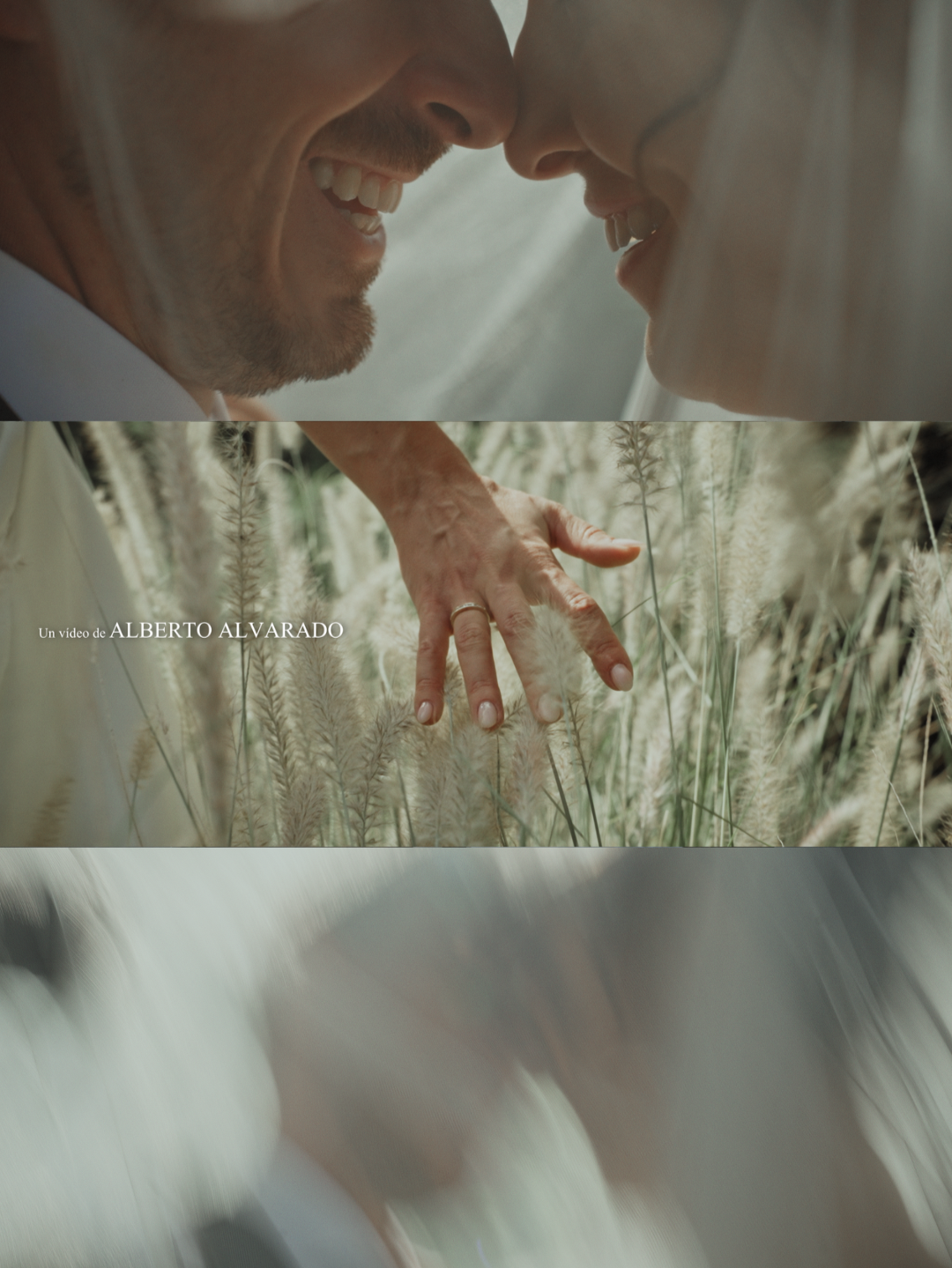 Una pareja sonriendo y tocándose la frente, con una escena de un campo de trigo y una mano con un anillo en primer plano.