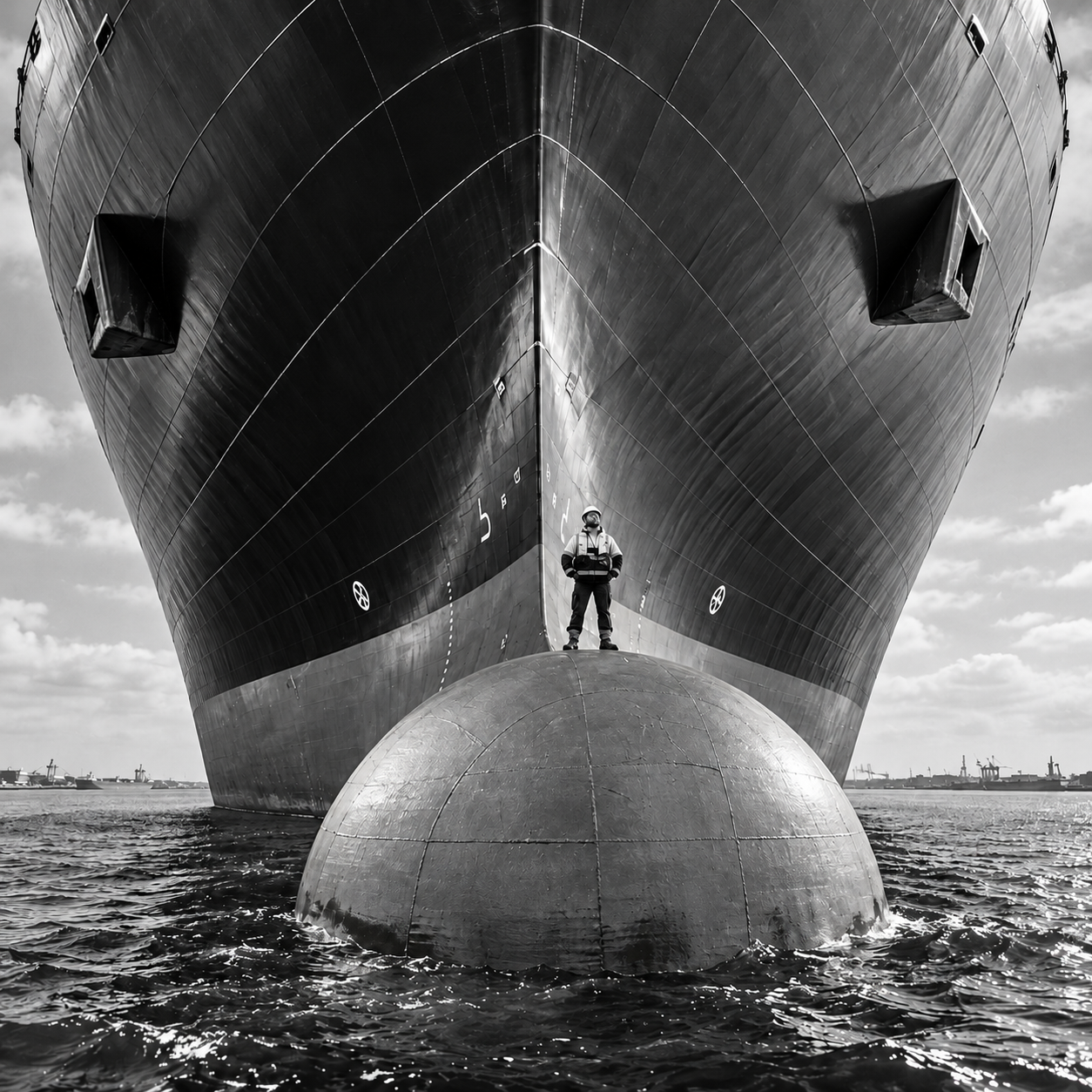 Marine surveyor standing on a vessel's bulbous bow beneath the ship's hull, illustrating the scale and complexity of marine casualty investigations.