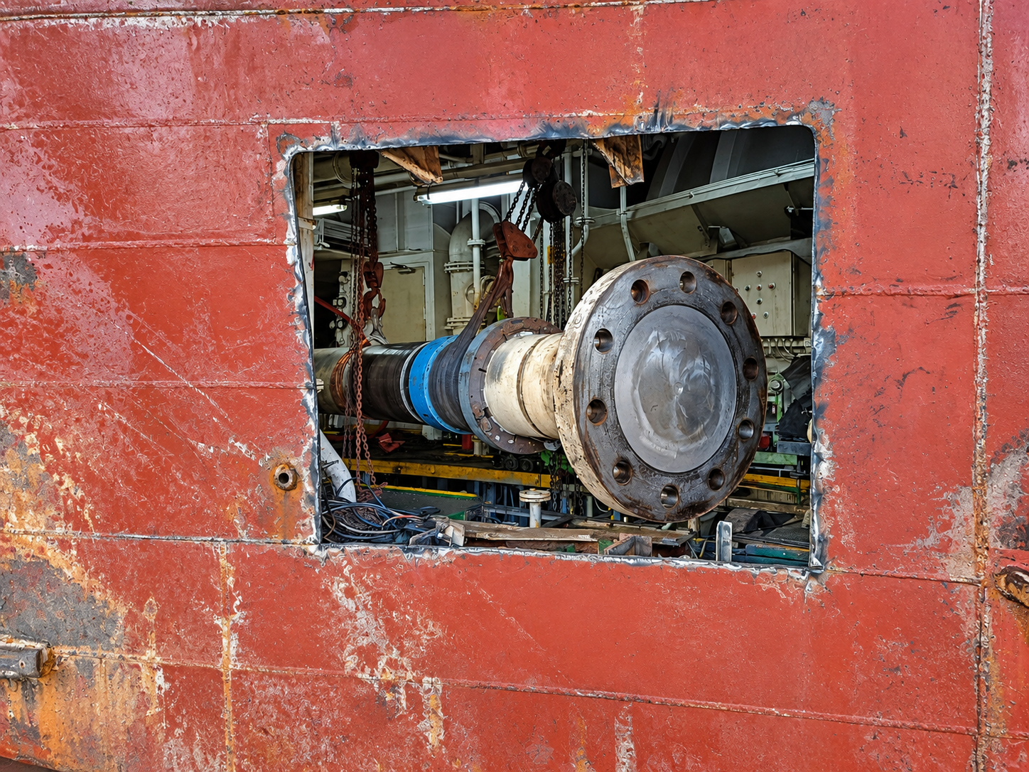 Marine intermediate shaft positioned for removal through a temporary side shell opening during vessel propulsion machinery repairs and Hull and Machinery damage investigation.