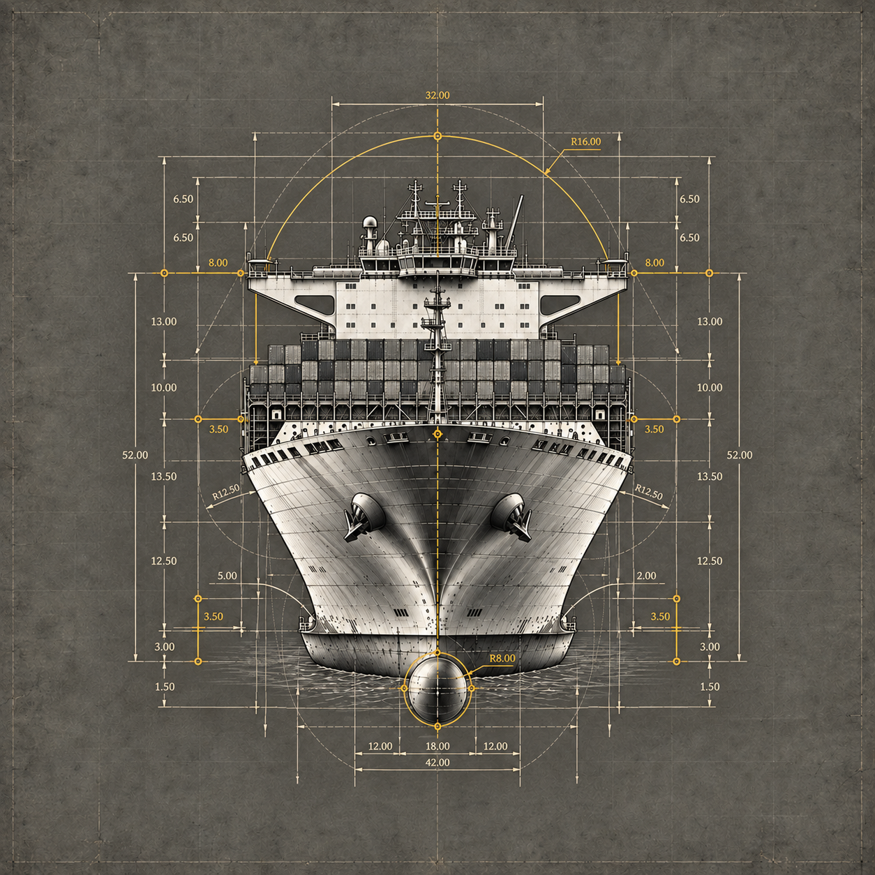 Front view of a container ship in vintage technical blueprint style with measurement lines and gold engineering details