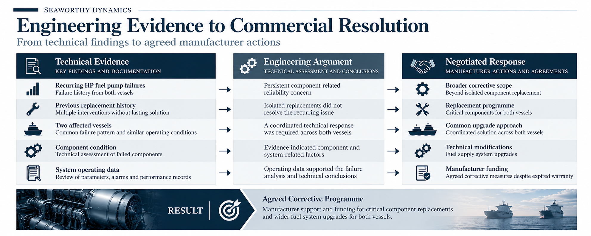Marine engineering claims matrix linking recurring fuel pump failures, technical evidence, engineering assessments and negotiated manufacturer-funded corrective actions for two vessels.