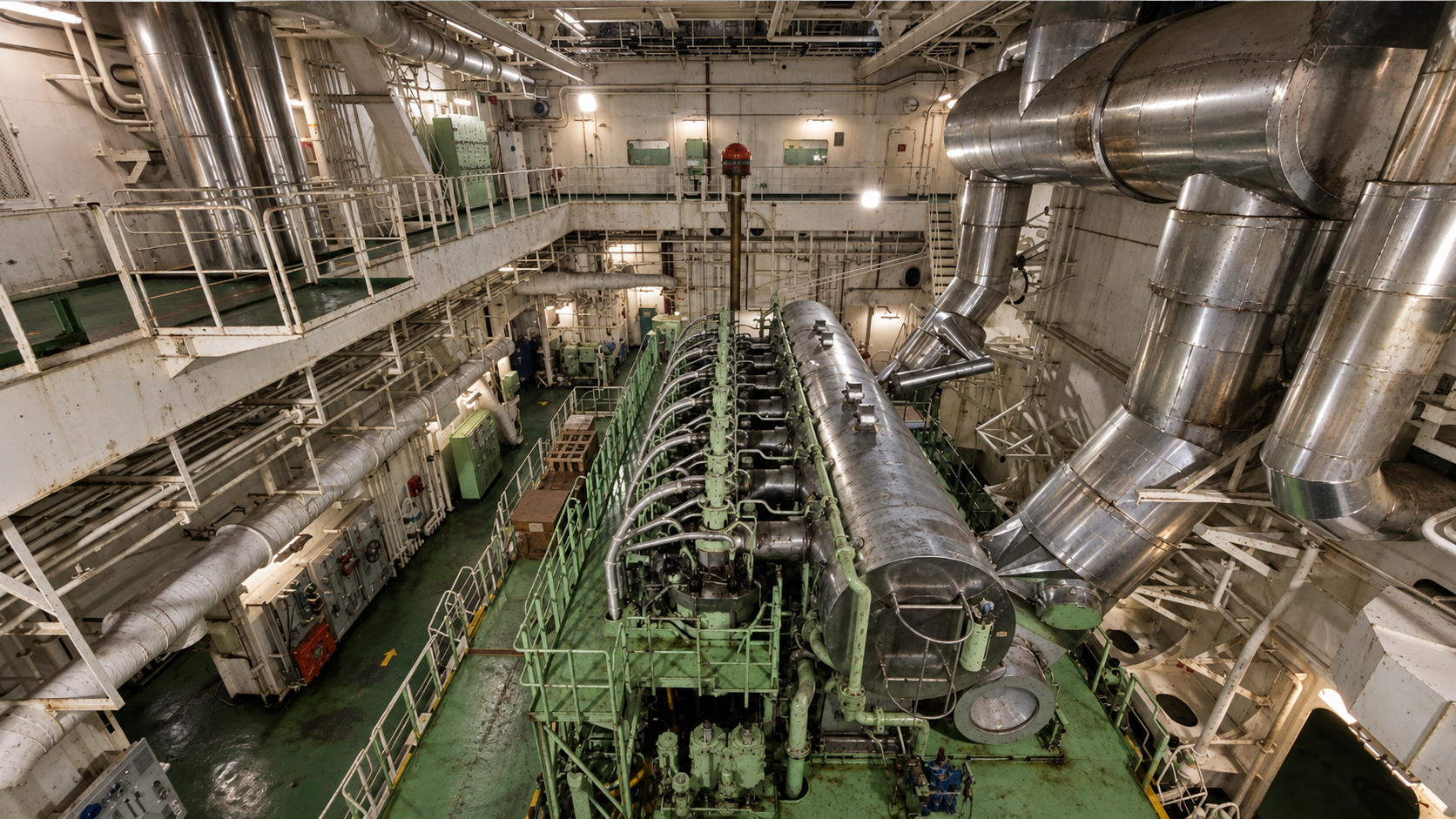 Illustrative view of a large marine engine inside a ship engine room, representing dual fuel engine reliability, technical failure investigation and marine engineering.