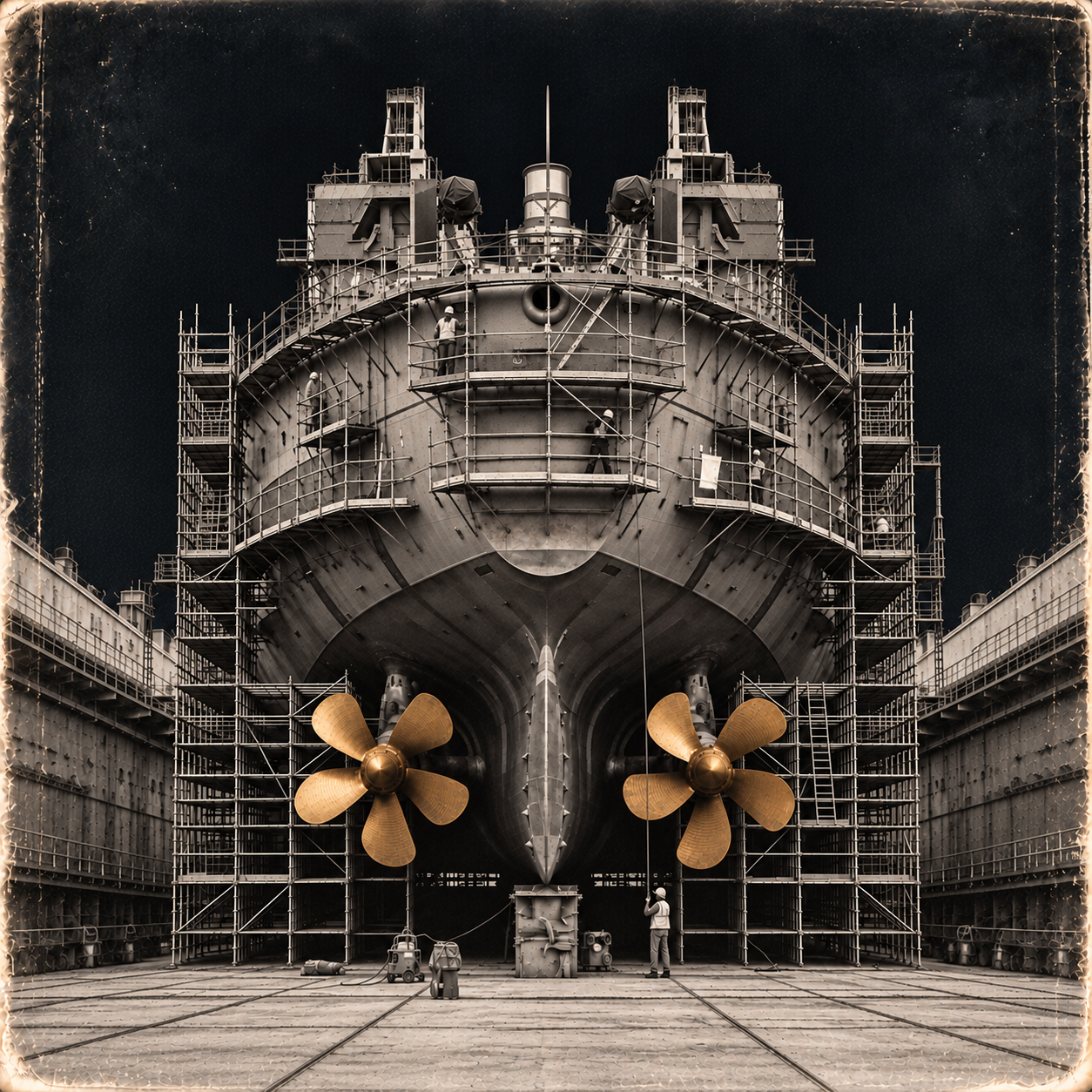 Vintage shipyard stern view in black and white with gold propellers during technical support and repair works