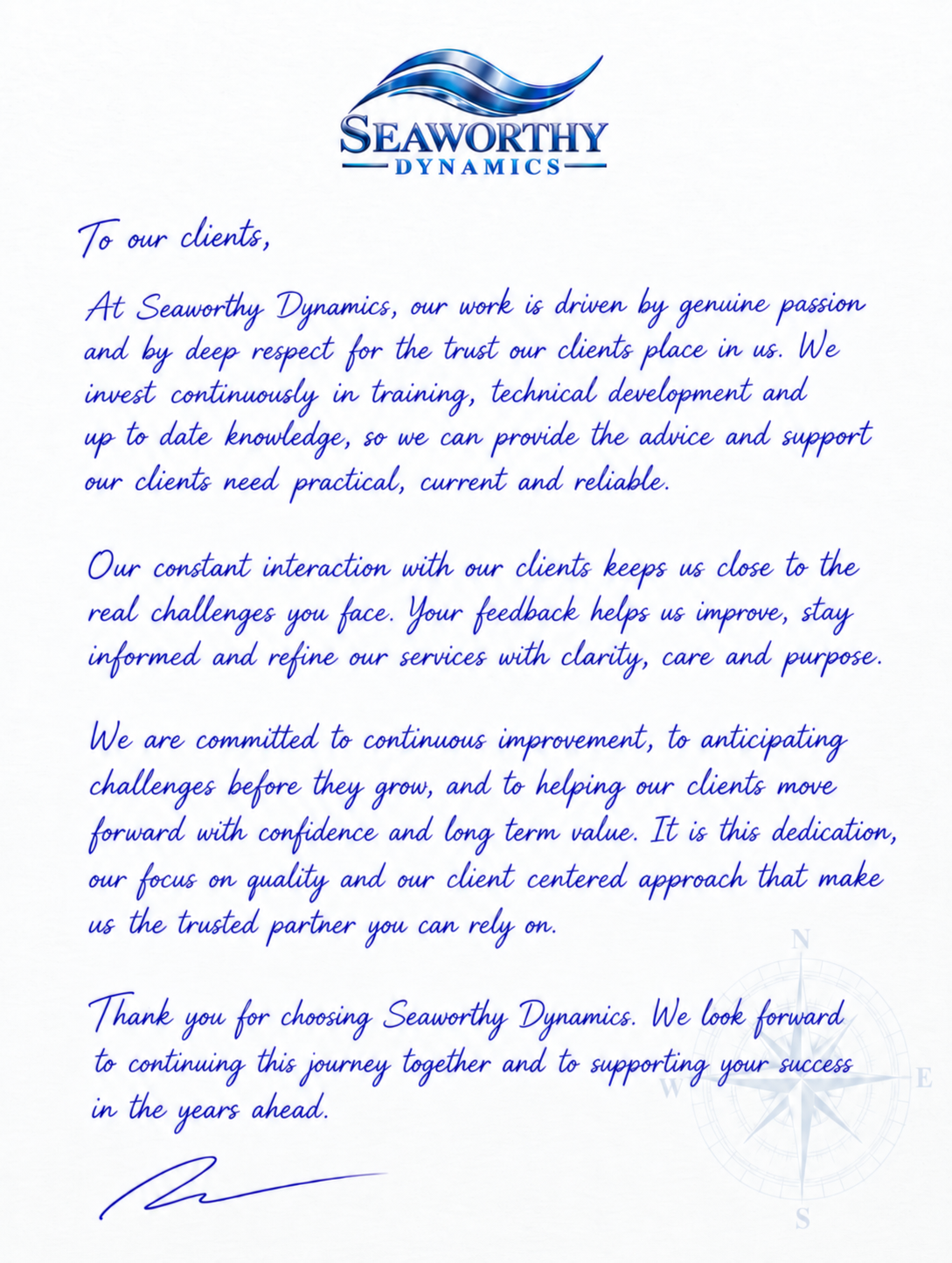 Handwritten message from Seaworthy Dynamics to clients highlighting passion, continuous learning, service improvement and long term commitment