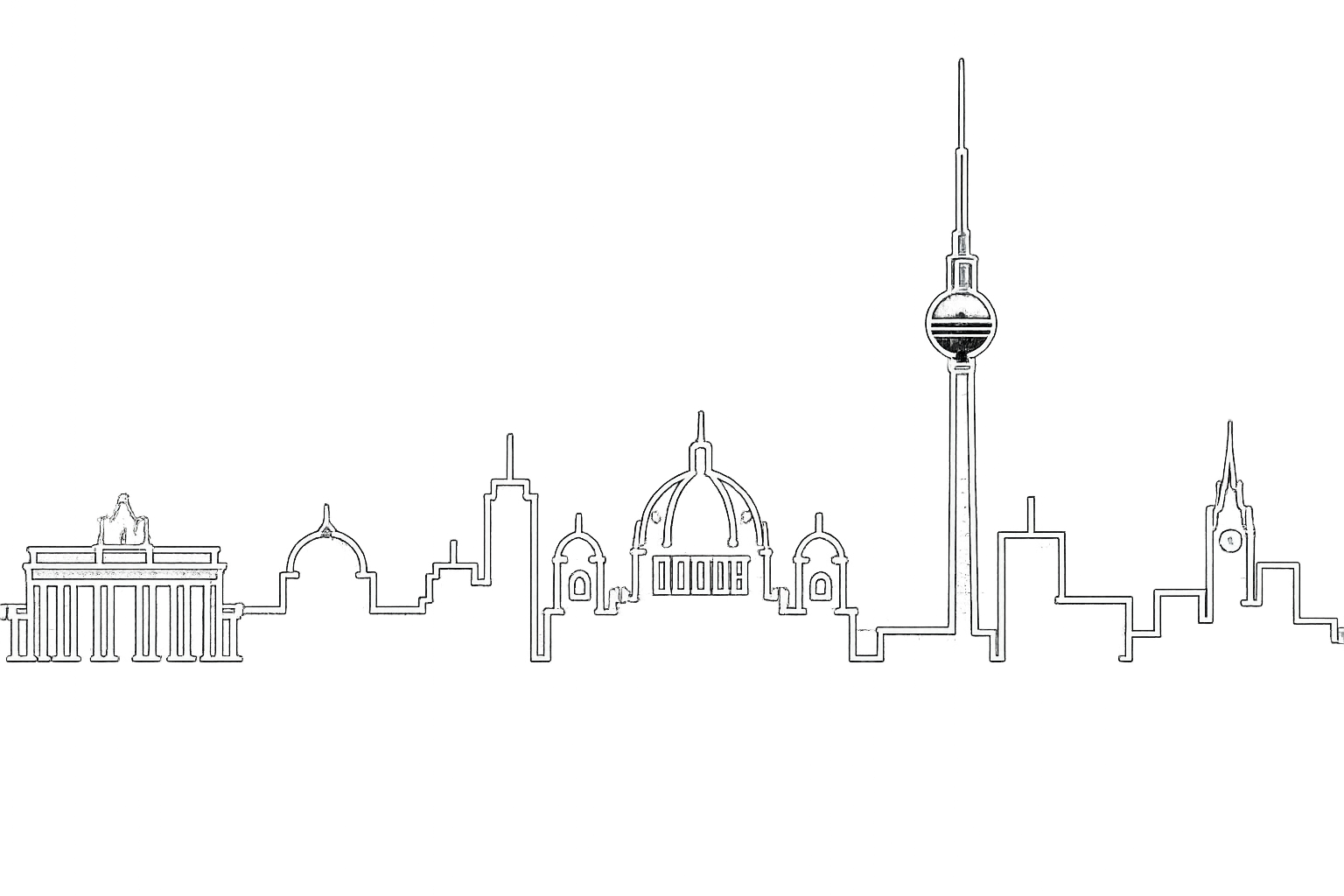 Silhouette der Berliner Skyline bei Nacht, mit bekannten Gebäuden wie dem Brandenburger Tor, der Berliner Dom, dem Fernsehturm und dem Rotes Rathaus.