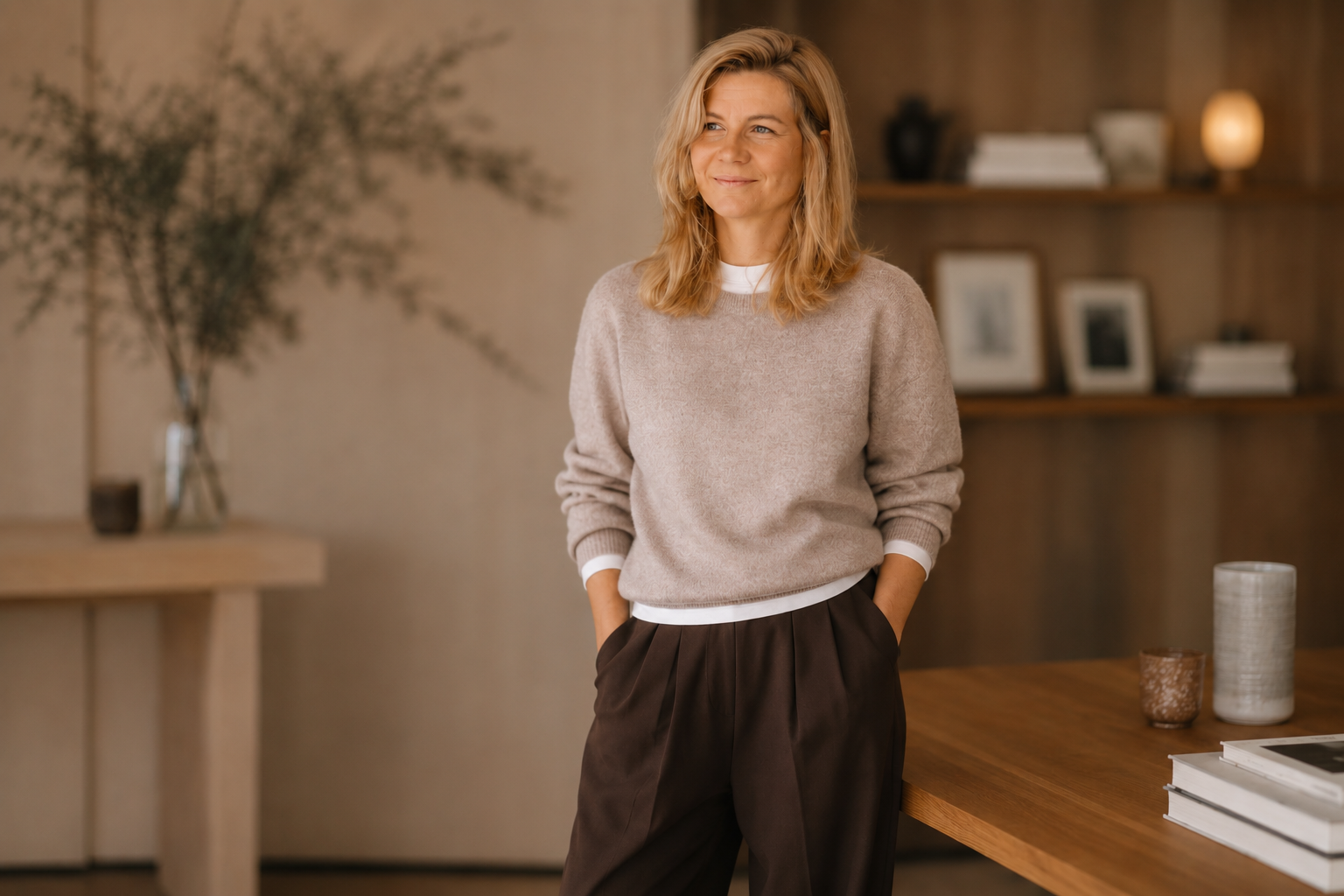 Portrait de Dorothée Vincey, architecte d'intérieur, les mains dans les poches de son pantalon
