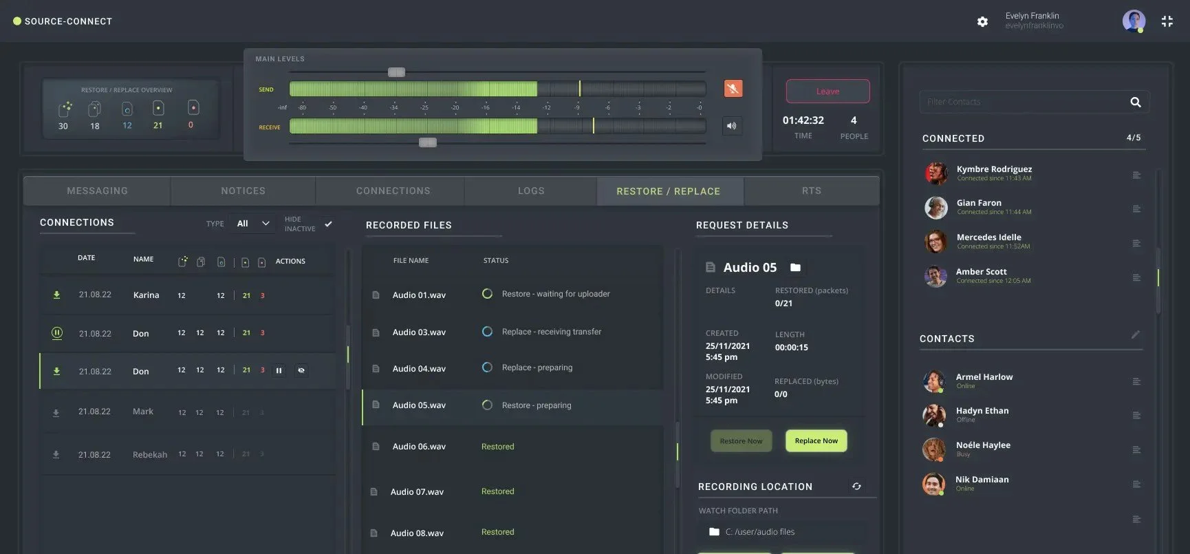 Screenshot of an audio management software interface called Source-Connect showing main levels, connections, recorded files, and contact list.