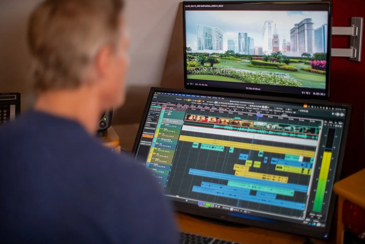 Person audio editing with a computer, with a cityscape and park displayed on a monitor in the background.