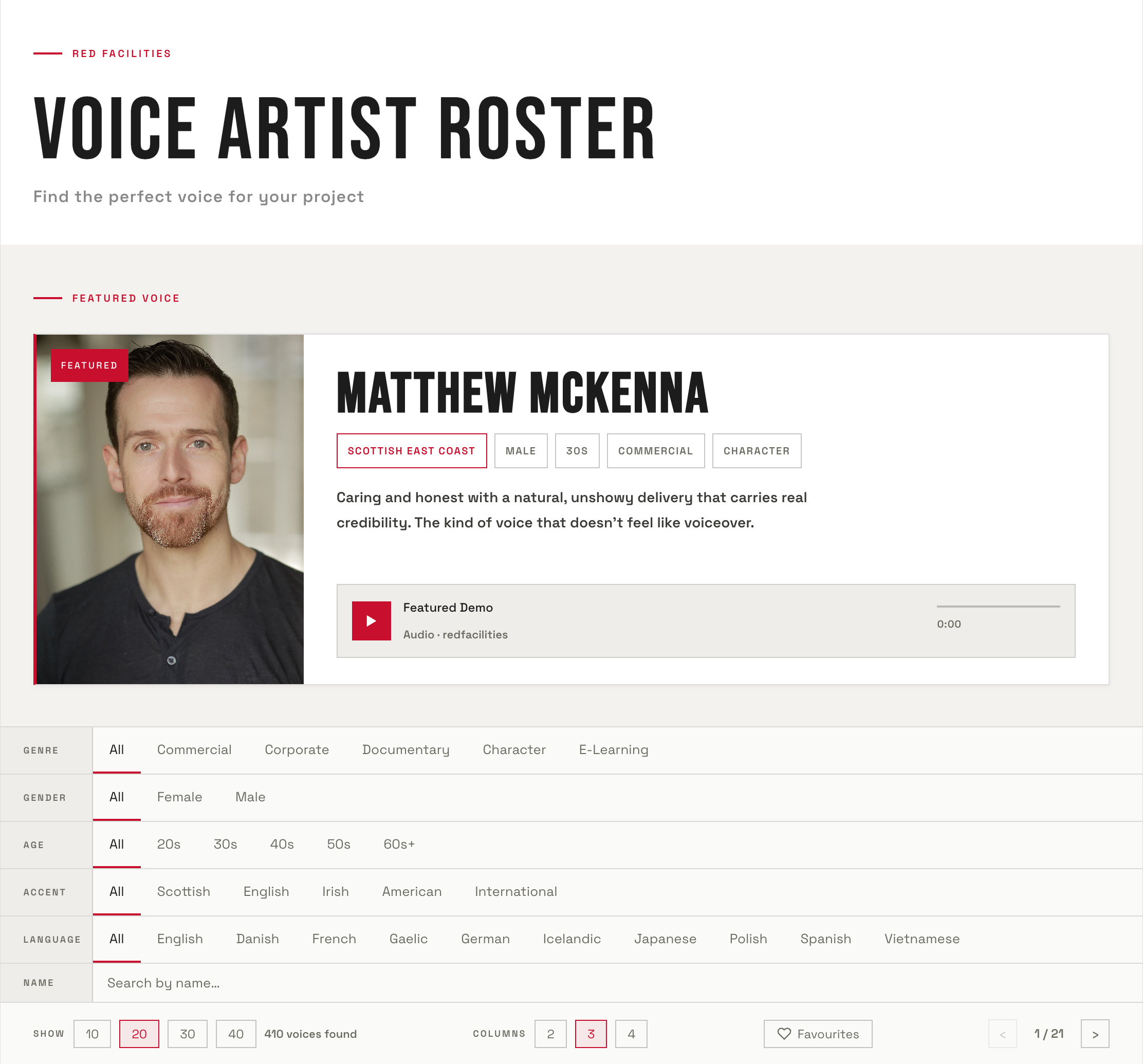 A screenshot of the Voice Artist Roster page on the Red Facilities website