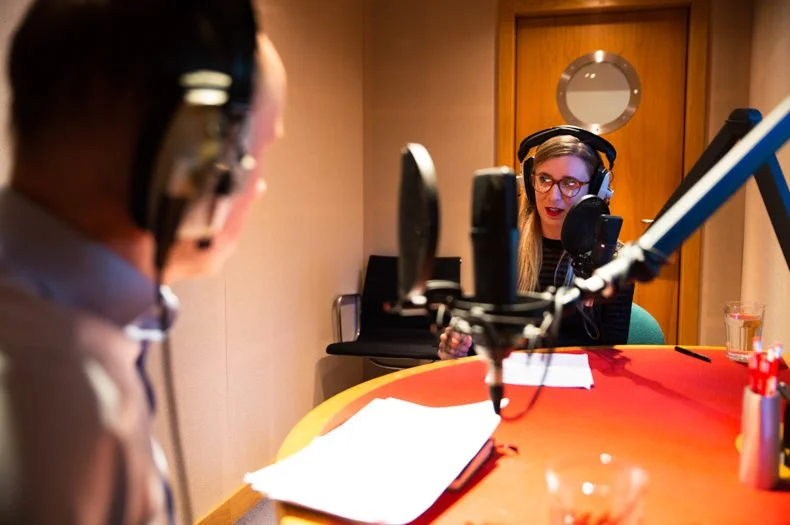 Podcast clients recording an episode at Red Facilities Edinburgh