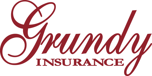 Grundy Insurance logo in burgundy color with a cursive font.