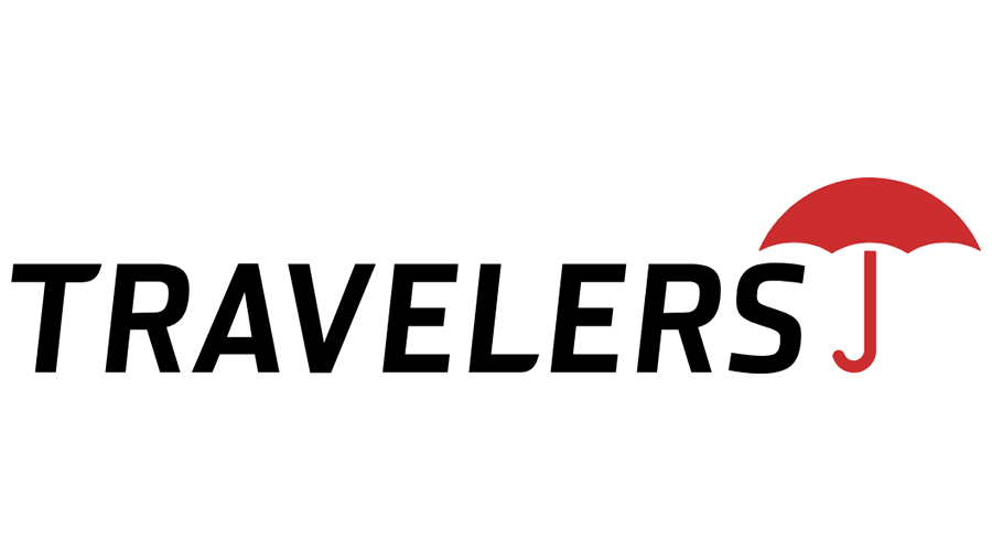 Logo for Travelers with the word 'TRAVELERS' in black, bold letters, and a red umbrella replacing the letter 'J' in the stylized design.