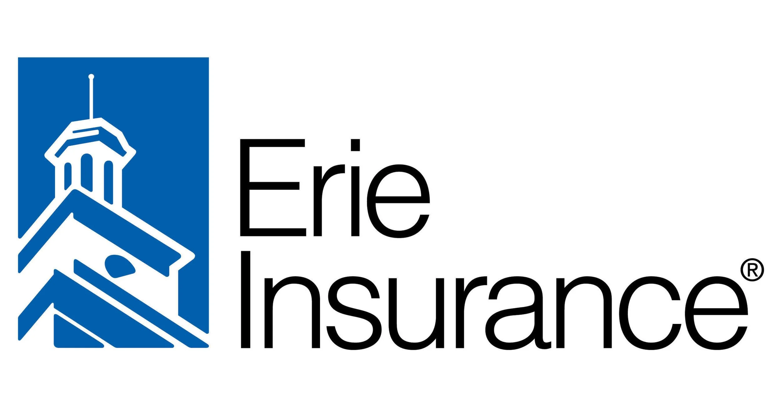 Logo of Erie Insurance featuring a blue shield with a stylized church steeple and the company name in black text.