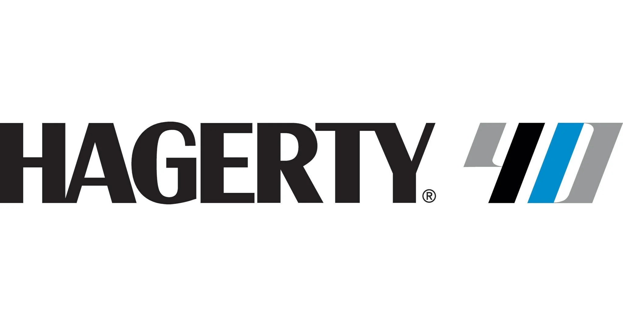 Hagerty logo with black text and gray and blue stripes.