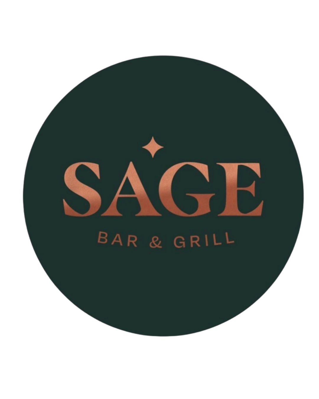 Logo for Sage Bar & Grill with dark background and copper-colored text
