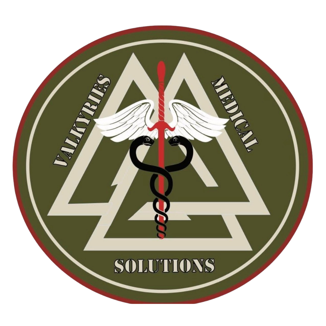 Patch with a green background, white triangle, and the words "Valhalla Veterans" and "Medical Solutions". It features a caduceus symbol with black snakes, a red staff, and white wings.