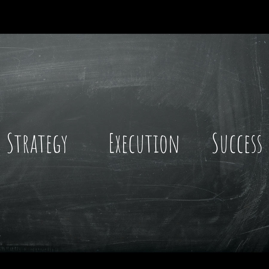 Chalkboard with the words 'Strategy', 'Execution', and 'Success' written in white chalk, illustrating a progression from planning to achievement.