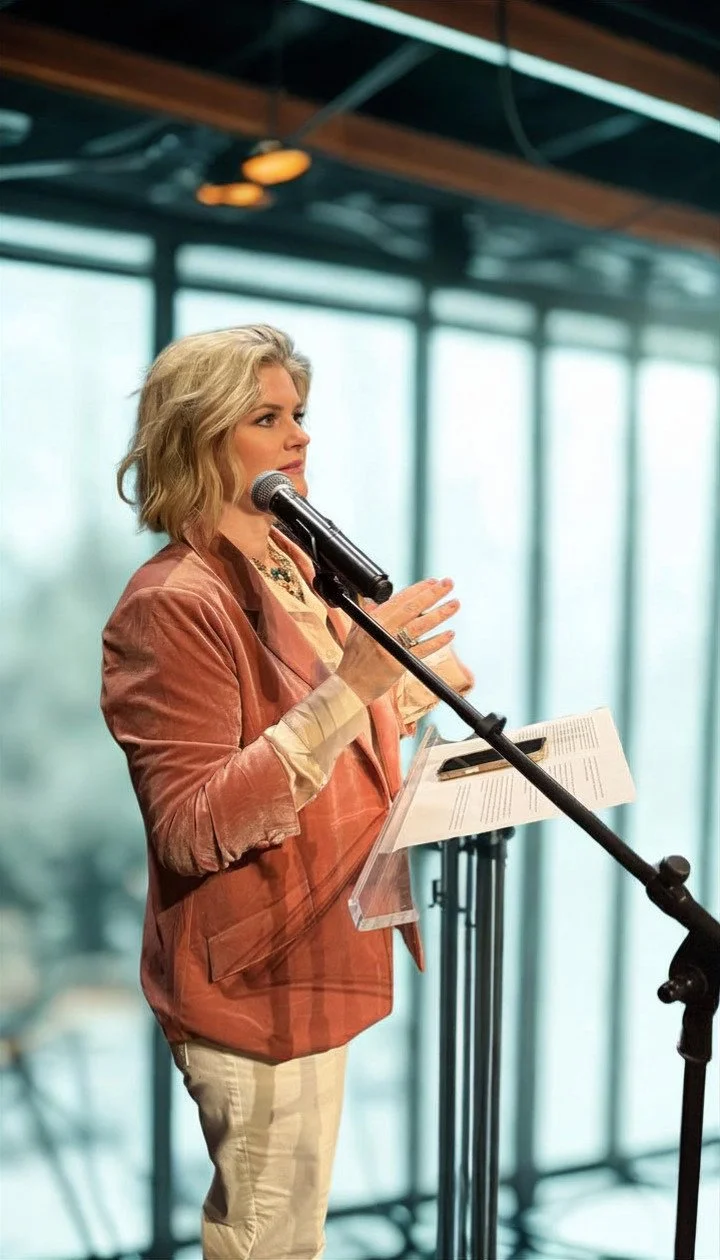 A woman with blonde hair standing at a podium with a microphone, holding papers, speaking or presenting indoors with large windows behind her.
