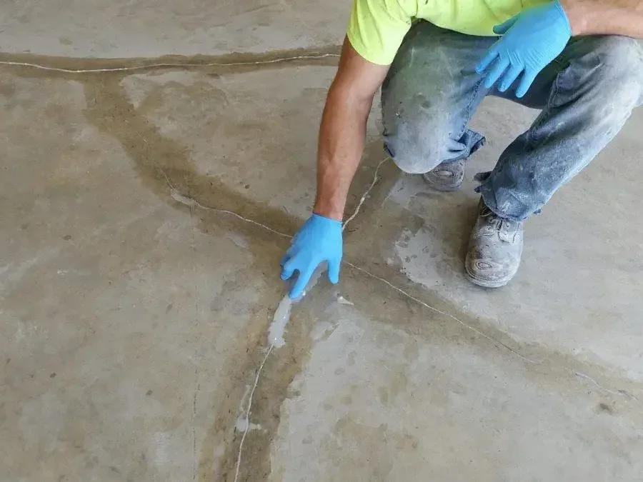 A person wearing blue gloves and work clothes is applying epoxy or resin to a cracked concrete floor.