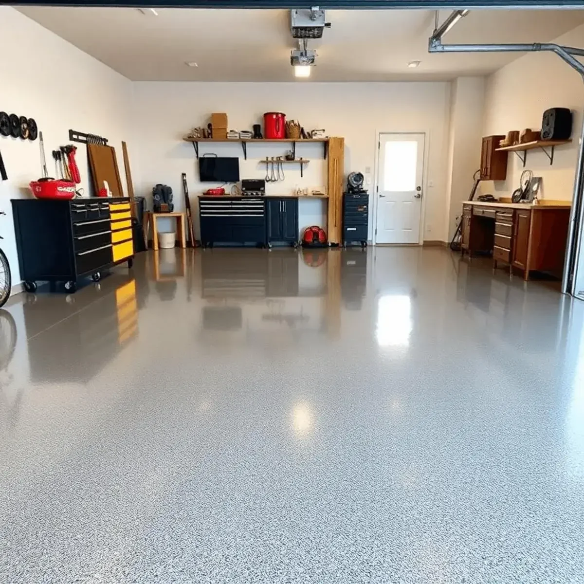 home garage with flake epoxy flooring