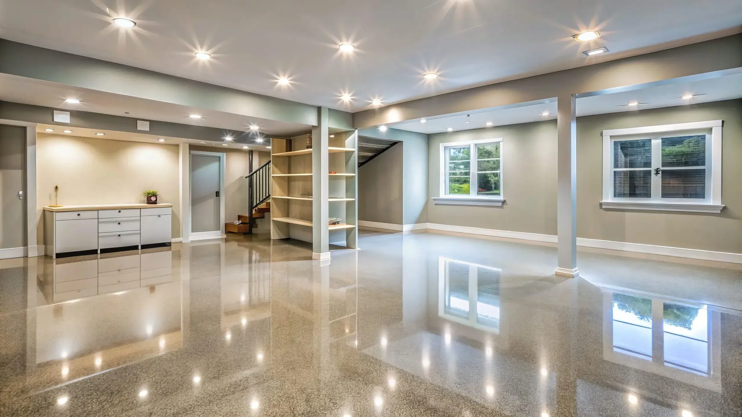 Empty, brightly lit basement with polished concrete floors, light green walls, three windows, a white cabinet, and a staircase with black railing.