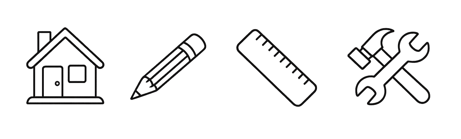 Icons depicting a house, a pencil, a ruler, and a wrench crossing each other