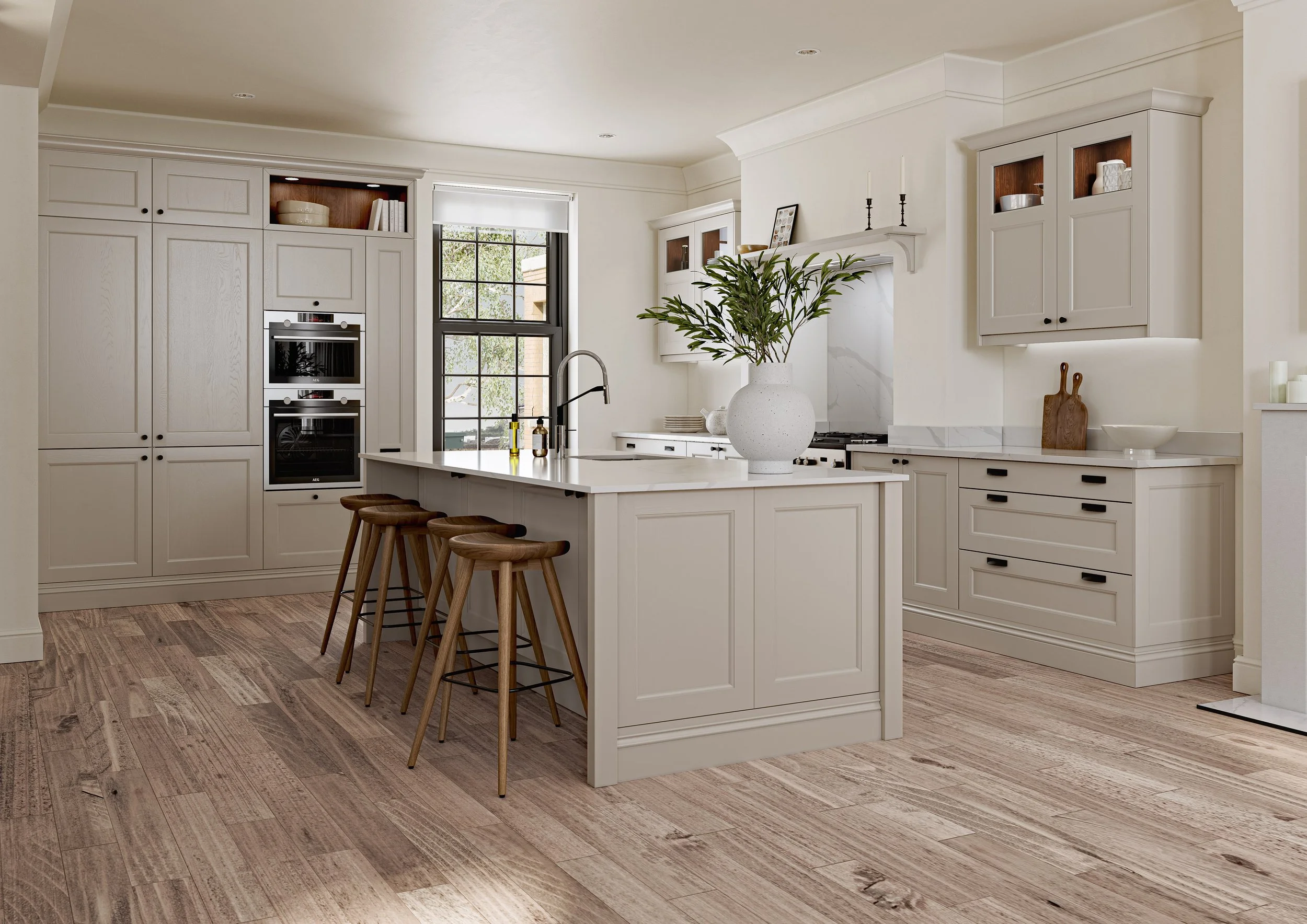 Modern kitchen with white cabinets, wooden flooring, island with stools, large window, and minimal decor.