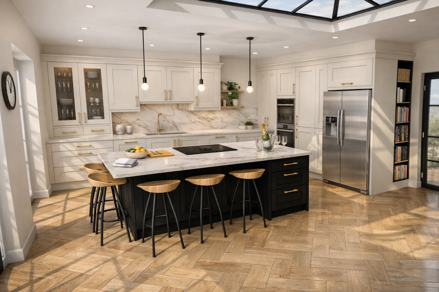Modern kitchen with white cabinets, marble backsplash, stainless steel refrigerator, black island with wooden bar stools, and a skylight overhead.