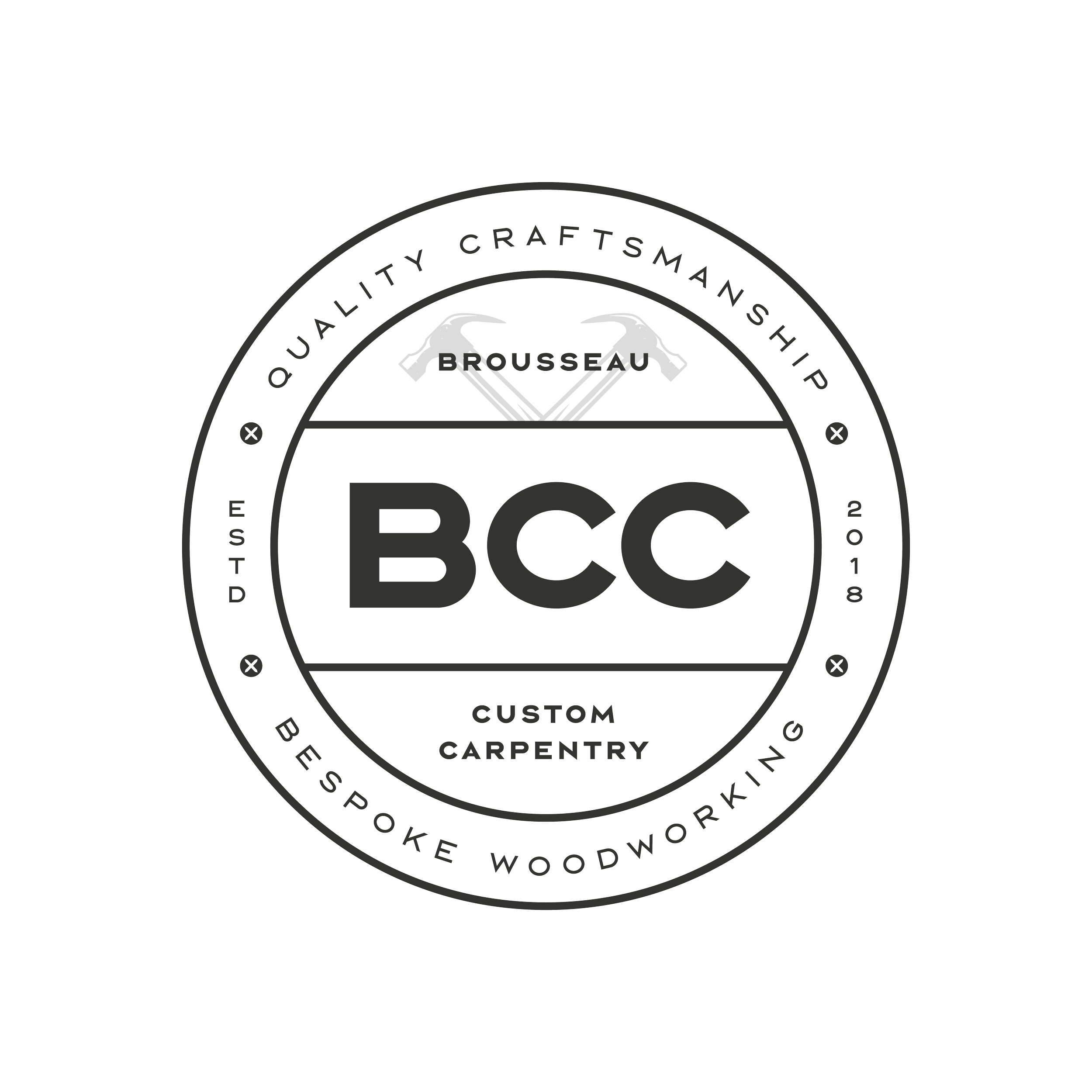 A circular logo featuring the words 'Quality Craftsmanship' and 'Custom Carpentry', with crossed hammers in the center, and the large initials 'BCC' in the middle.