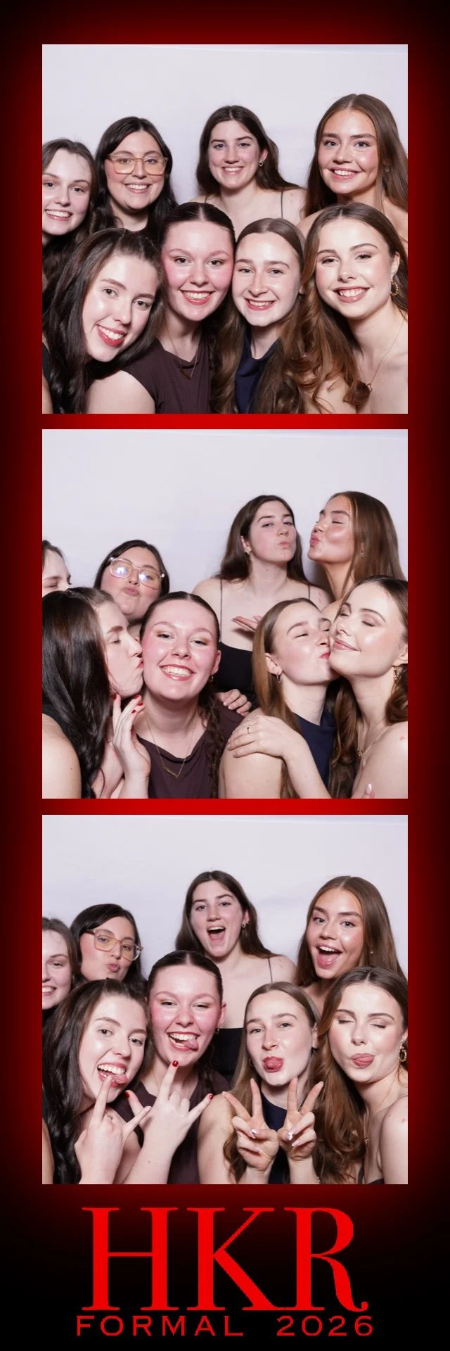 Photo booth strip featuring nine young women at a formal event, with three different poses, including smiling, blowing kisses, and making peace signs, with red text at the bottom reading 'HKR Formal 2026'.