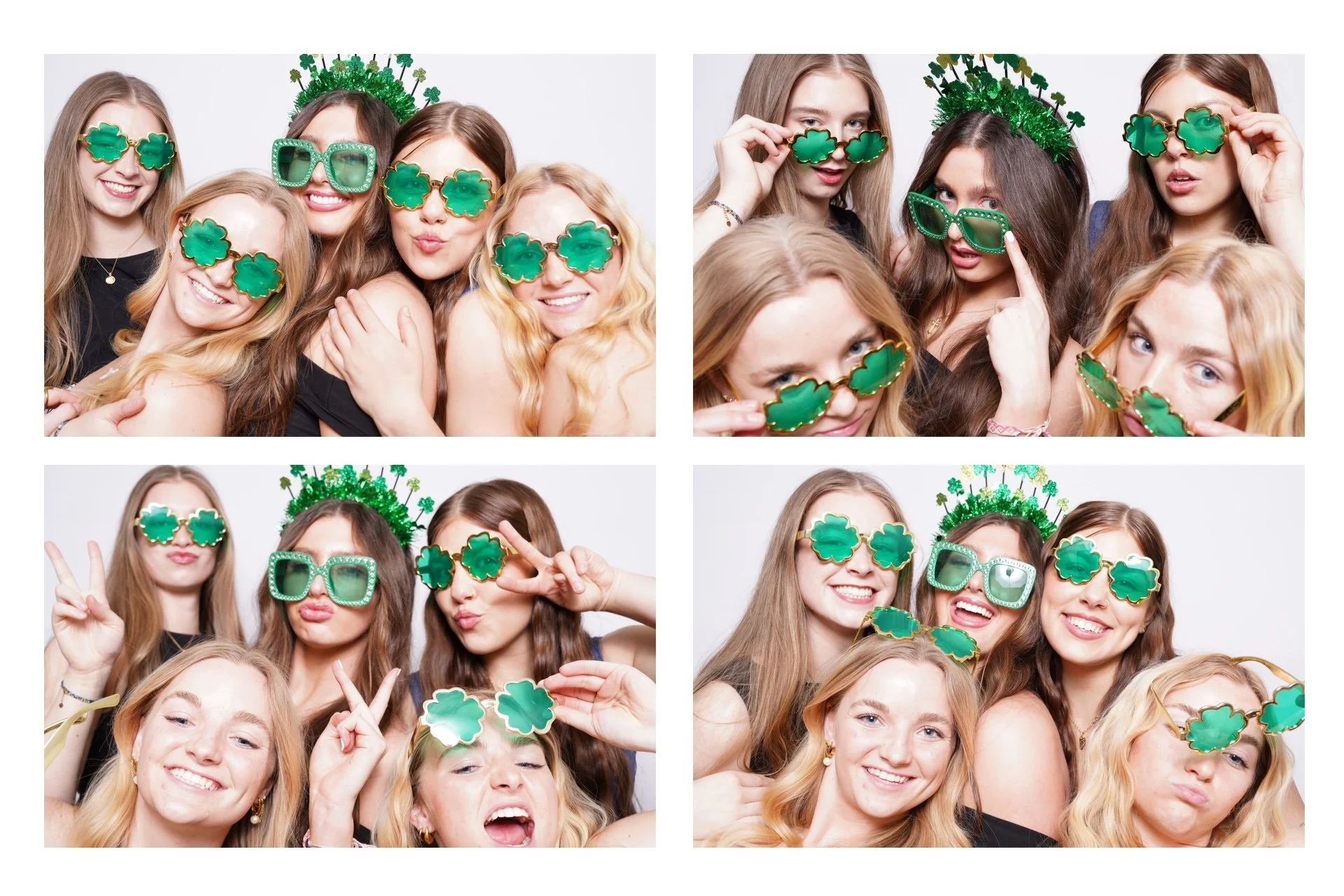 Group of young women wearing green shamrock-shaped sunglasses and St. Patrick's Day accessories, posing and having fun in a photo booth.