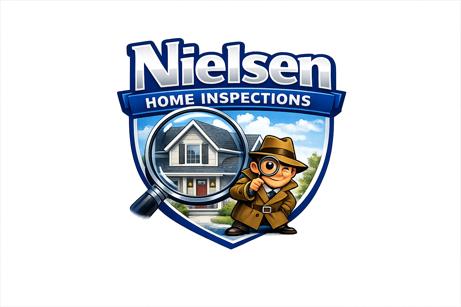 Logo for Nelsen Home Inspections featuring a cartoon detective with a magnifying glass standing in front of a house.