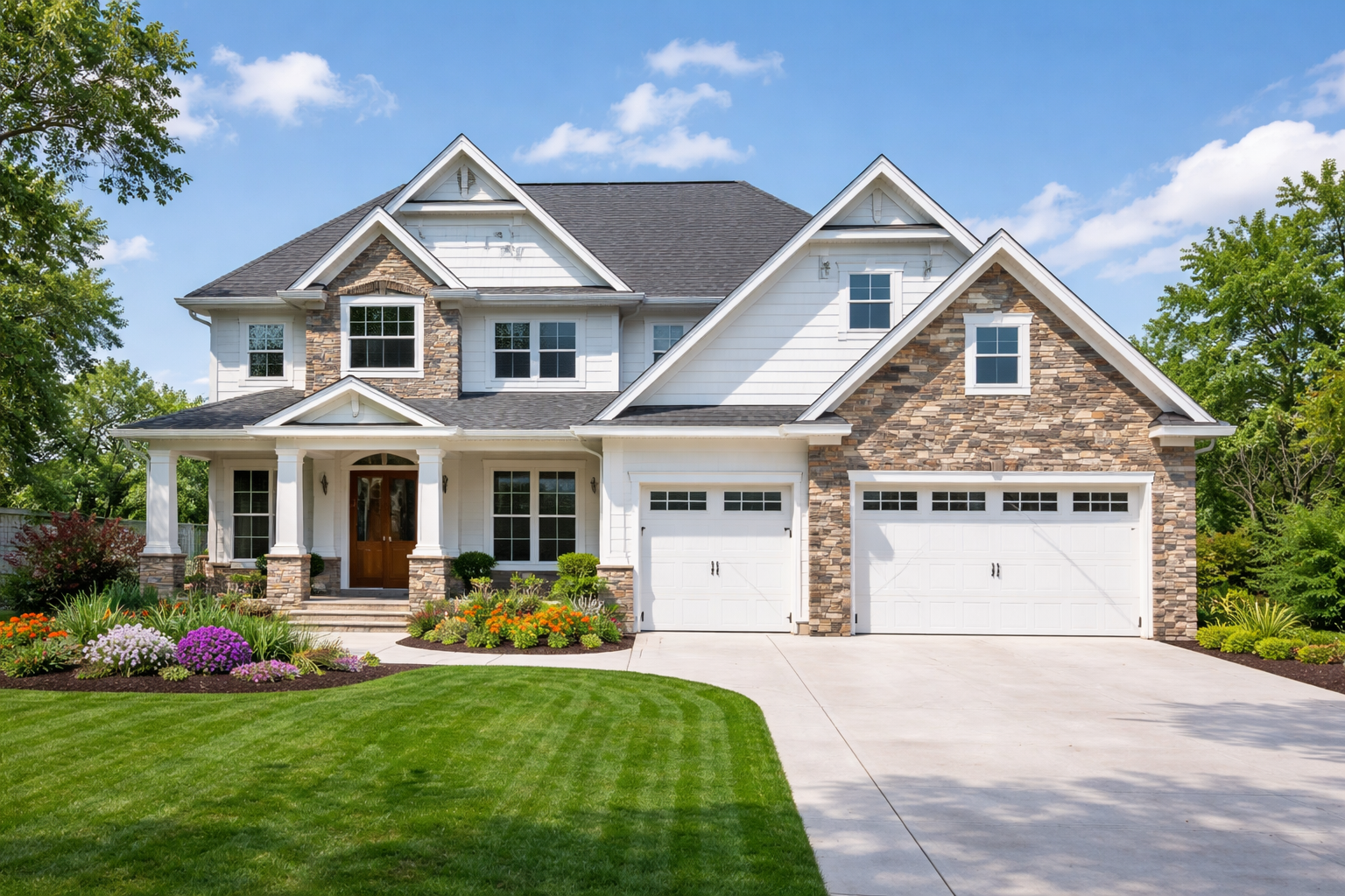 A large two-story house with white siding and stone accents, green lawn, colorful flower bed, concrete driveway, and a blue sky with clouds.