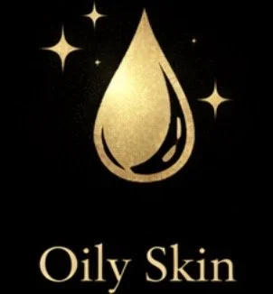 Illustration of a golden drop of oil with sparkles and the text 'Oily Skin' below.