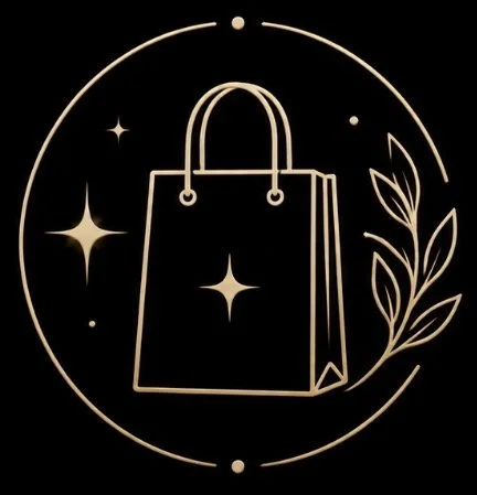 A line drawing of a shopping bag with leaves and stars around it, inside a circle.