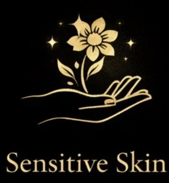 A stylized drawing of an open hand with a blooming flower above it, surrounded by small stars, and the words "Sensitive Skin" underneath.