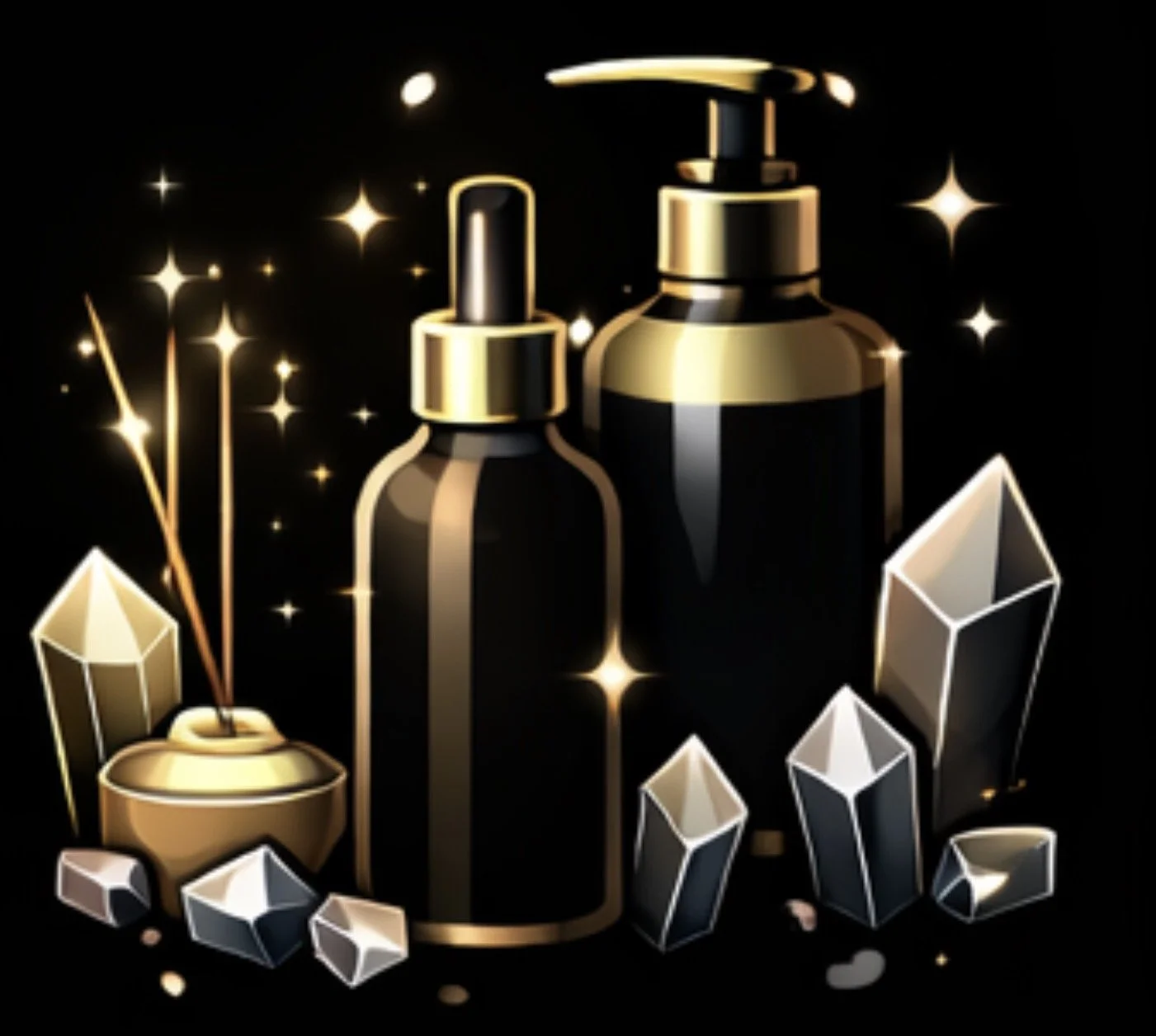 Black and gold skincare bottles surrounded by geometric crystals and gold sparkles on a black background.