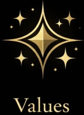 Gold star-shaped symbols and the word "Values" on a black background.